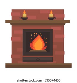 Chimenea en casa con fuego. Ilustración vectorial. Diseño de iconos planos. Ilustración aislada sobre fondo blanco.