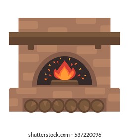 Home fireplace with fire. Vector Illustration. Flat icon design. Illustration isolated on white background.