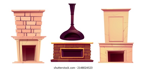 Chimenea en casa, chimeneas interiores. Hornos interiores de estilo tradicional, vintage, clásico y moderno, sistema de calefacción de piedras de ladrillo o mármol, elementos de diseño aislados, ilustración vectorial de dibujos animados