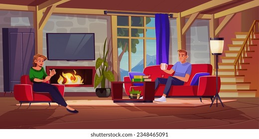 Home fireplace in living room interior with couple vector background. Man sitting on cozy sofa. Woman in armchair near burning fire in chalet livingroom. Scandinavian palace with mountain view