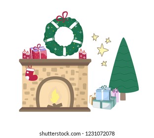 Home fireplace to paste in the interior of the house. Prize box, Spruce and Wreath. Vector illustration isolated on white background eps10