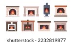 Home fireplaces set. Burning flame in firesides of different design. Fire places, warm hearths, furnace with light, firewood, wood logs, grate. Flat vector illustrations isolated on white background