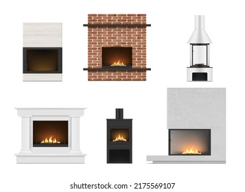 Home fireplaces vintage and modern style realistic set vector illustration. Collection burning fire interior classic chimney indoor relaxation furniture with metal concrete and bricks design isolated