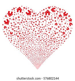 Home fireworks with heart shape. Vector illustration style is flat red iconic symbols on a white background. Object valentine heart combined from scattered symbols.