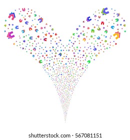 Home fireworks stream. Vector illustration style is flat bright multicolored iconic symbols on a white background. Object double fountain organized from random pictographs.