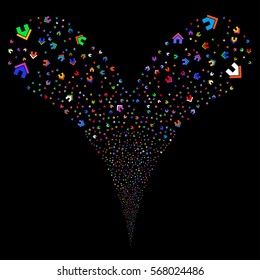 Home fireworks stream. Vector illustration style is flat bright multicolored iconic symbols on a black background. Object double fountain organized from random design elements.