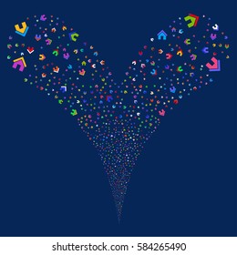 Home fireworks stream. Vector illustration style is flat bright multicolored iconic symbols on a blue background. Object double fountain organized from random pictographs.