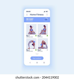 Home Fitness App Smartphone Interface Vector Template. Mobile App Page Design Layout. Workout Schedule. Online Fitness Challenge Plan Screen. Flat UI For Application. Phone Display