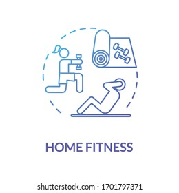 Home fitness blue concept icon. Sport indoors. Exercise inside house. Physical activity. Quarantine healthcare idea thin line illustration. Vector isolated outline RGB color drawing