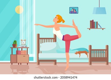 Home fitness class, girl doing physical jerks, she stretches muscles of legs. Morning workouts for lifestyle and sports exercises, vector image