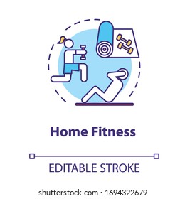 Home Fitness Concept Icon. Sport Indoors. Exercise Inside House. Physical Activity. Quarantine Healthcare Idea Thin Line Illustration. Vector Isolated Outline RGB Color Drawing. Editable Stroke