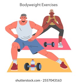 Home Fitness concept. Individuals engaging in bodyweight exercises indoors. Stretching routine and strength training on a mat. Vector illustration.