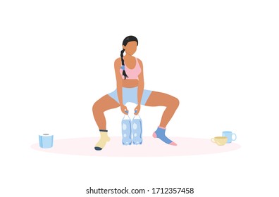 Home fitness during coronavirus quarantine. Latin woman do squats exercises with homemade weights. Improvised dumbbells or kettlebells made from bottles of water. Stay home concept. Isolated on white.