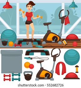 Home Fitness equipment and gym interior. Icon set of sport, workout woman and ball, dumbbell and step, exercise bike and weight. Vector illustration isolated