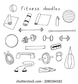 Home fitness equipment set vector illustration, hand drawing doodles