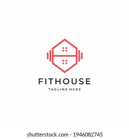 home fitness icon logo with house and barbel symbol. flat design outline style vector illustration on white background.