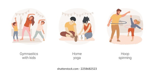 Home fitness isolated cartoon vector illustration set. Gymnastics online, parent and child doing workout, home yoga, stretching together, hoop spinning, hula-hooping, active family vector cartoon.
