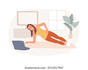 Home fitness isolated cartoon vector illustrations. Girl in sportswear doing fitness and watching video training via laptop, workout exercise at home, healthy and active lifestyle vector cartoon.