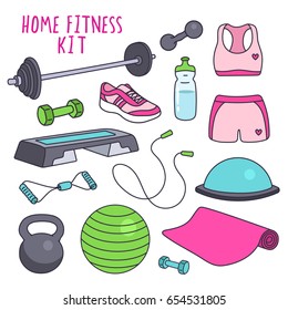 Home fitness kit vector illustrations. Workout equipment set: barbell, dumbbell, jump rope, mat, fit ball, top, shorts, step, sneakers