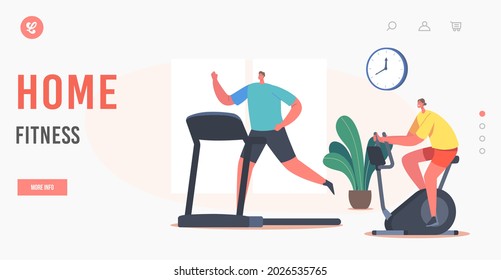 Home Fitness Landing Page Template. Woman and Man Characters Training in Gym on Exercise Bike and Treadmill. Sports Workout, Healthy People Doing Cardio Exercising in Club. Cartoon Vector Illustration