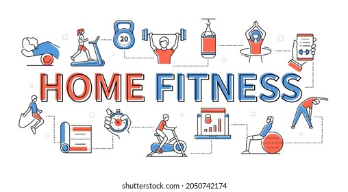 Home Fitness - Line Design Style Modern Banner. Doing Sports, Fitness And Caring For Health With Available Methods. Strength Training And Stretching. Online Fitness Program. Caring For Figure.