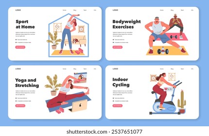 Conjunto de Fitness para Casa. Praticar atividades desportivas num ambiente doméstico. Apresentando alongamento, exercícios de peso corporal e ciclismo interior. Ilustração vetorial.