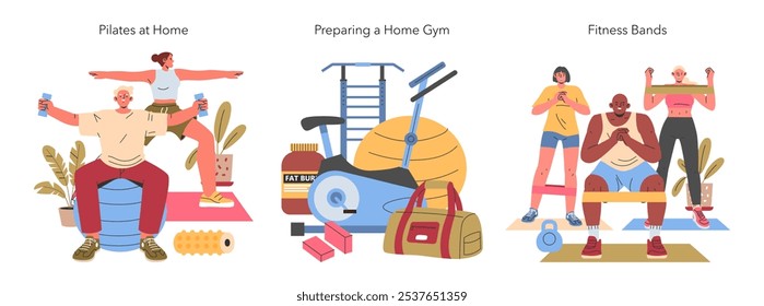 Conjunto de fitness para el hogar. Rutinas de ejercicio en interiores con Pilates, montaje de equipos de gimnasio y entrenamientos de banda de resistencia. Ilustración vectorial.