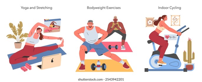 Conjunto de fitness para el hogar. Personas que practican yoga, ejercicios de peso corporal y ciclismo en interiores. Rutina de ejercicios con poses de yoga, entrenamiento de fuerza y cardio en un entorno acogedor. Ilustración vectorial.