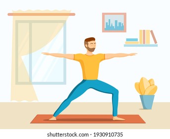 Home Fitness And Sport. Guy Doing Yoga Exercises On Mats At Home. Stay At Home Concept. Flat Vector Illustration.