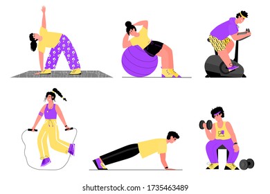 Home fitness and sport training set with people vector illustration isolated.