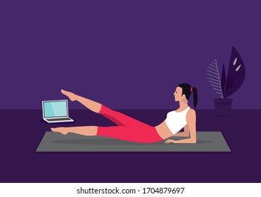 Home fitness workout class live streaming online. Woman doing training cardio aerobic exercises watching videos on a laptop in the living room at home.