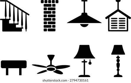 Home fixture vector icon collection with stairs bricks lamps architectural elements