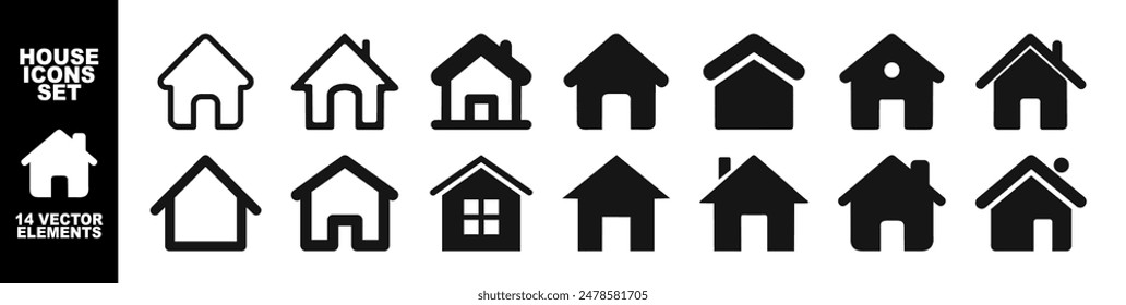 Ilustración vectorial de conjunto de íconos planos de inicio. Conjunto de iconos de casa monocromo simple