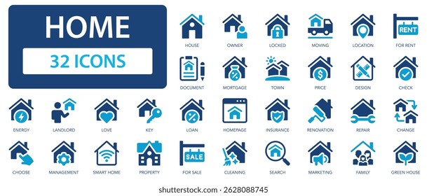 Home flat icons collection. Property, owner, house, town, location, real estate, loan, property, landlord sign set.