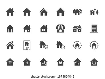 Home flat icons set. House, residential building, homepage, property mortgage black minimal silhouette vector illustrations. Simple flat glyph sign for web real estate app.