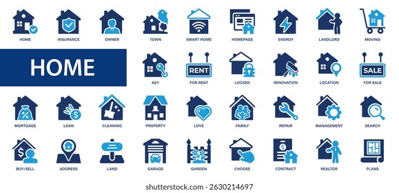 Conjunto de ícones simples Home. Proprietário, propriedade, imobiliário, casa, cidade, ícones de localização e mais sinais. Coleção de ícones planos.