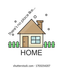 Home flat style illustration with text: There's no place like HOME. Line style. Isolated. 