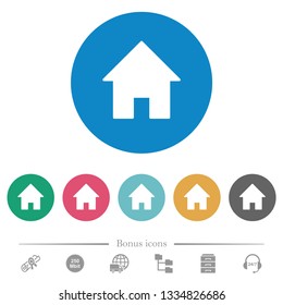 Home flat white icons on round color backgrounds. 6 bonus icons included.