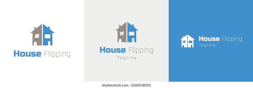 Home flipping Business Logo Design Set, Residence Renovierungsservice Moderner Logotypensymbol, Immobiliendienstemblem Konzept, bearbeitbare gewerbliche Illustration, Gebäudeumbau Branding, Marke