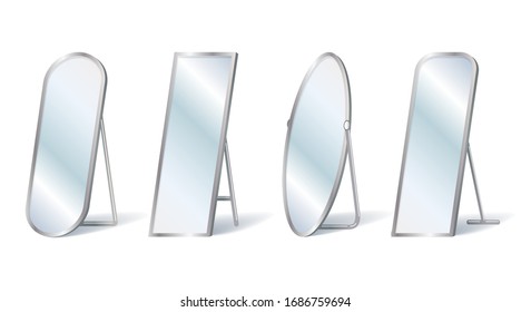 Home floor mirror. Styling mirrors interior element isolated on white background, metal frame decor furniture vector illustration