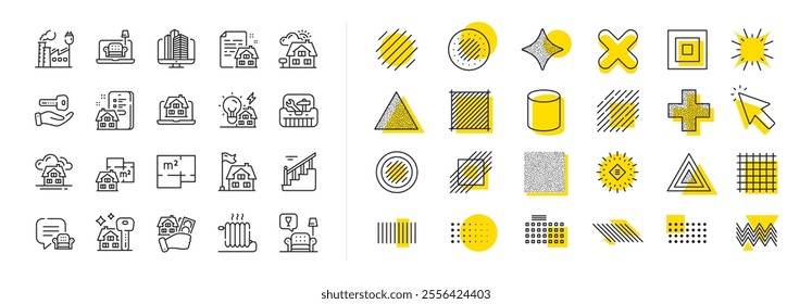 Home floor plan, Apartment furniture and Real estate set. Design shape elements. Buildings property line icons. Factory building, city office and property mortgage line icons. Vector