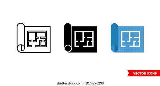 Home floor plan icon of 3 types: color, black and white, outline. Isolated vector sign symbol.