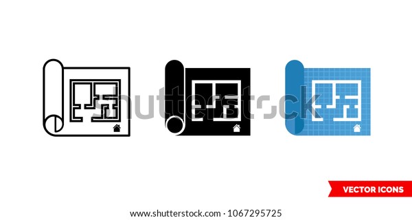 Home floor plan icon of 3\
types: color, black and white, outline. Isolated vector sign\
symbol.