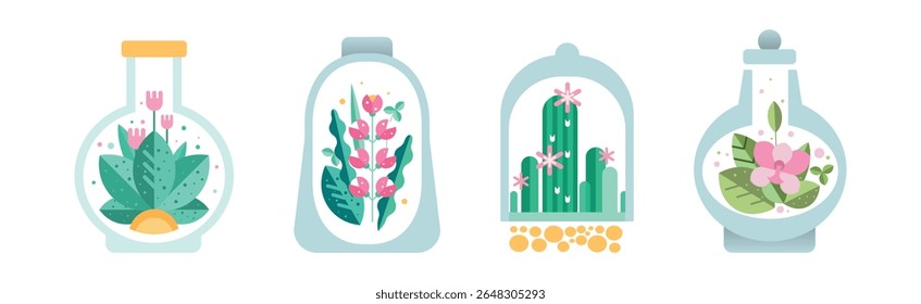 Home Florarium as Glass Jar with Growing Plant Vector Set