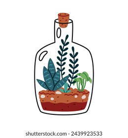 Home Florarium with Plant in Glass Transparent Vessel Vector Illustration