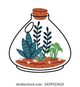 Home Florarium with Plant in Glass Transparent Vessel Vector Illustration
