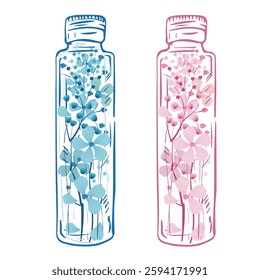 Home florist herbarium for memory. Hand draw bottle for storing memorable things. Glass jar with a sprig of pink flowers inside. Terrarium for plants and dried flowers in oil. Vector illustration.