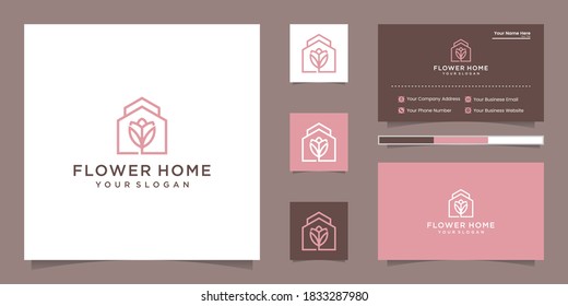 home flower logo with line style and business card inspiration