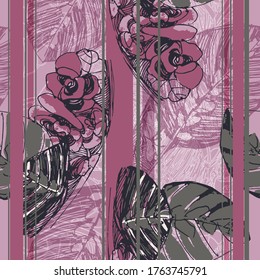 Home flower of Maranta. Violet flower. Seamless vector pattern with flowers, lines and geometry. Hand drawing. Sketch.