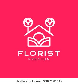 home with flower plant feminine simple line minimalist style logo design vector icon illustration
